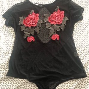 Sheer Black with Rose Bodysuit